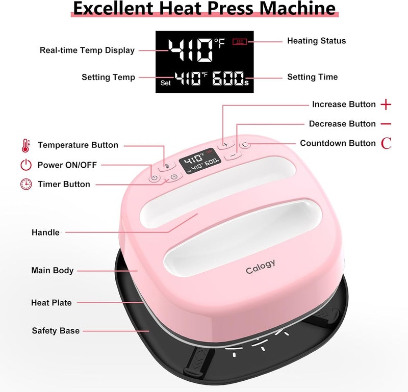 Calogy Heat Press Machine for T-Shirts 10"X10", Portable Heat Press Fast Up to 410℉(210 ºC), Precise Temp Control, 15 Mins Auto Off for Bag, Pillows Sublimation Vinly Transfer(Pink White, 10 x 10 in) - Image 5